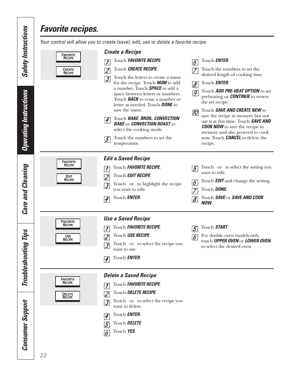 Favorite recipes | GE PT92030 User Manual | Page 22 / 140