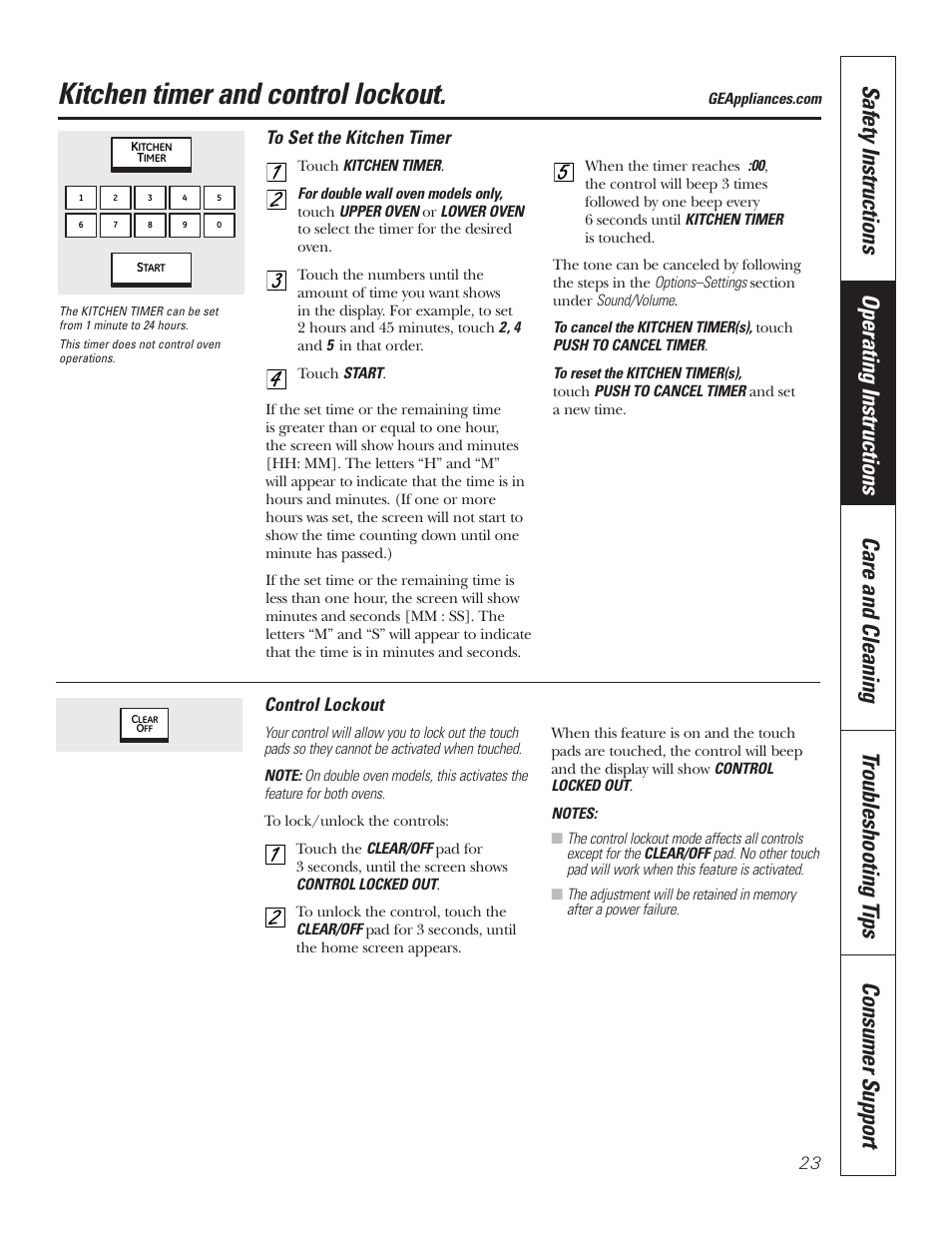 Control lockout, Kitchen timer, Kitchen timer and control lockout | GE PT92030 User Manual | Page 23 / 140