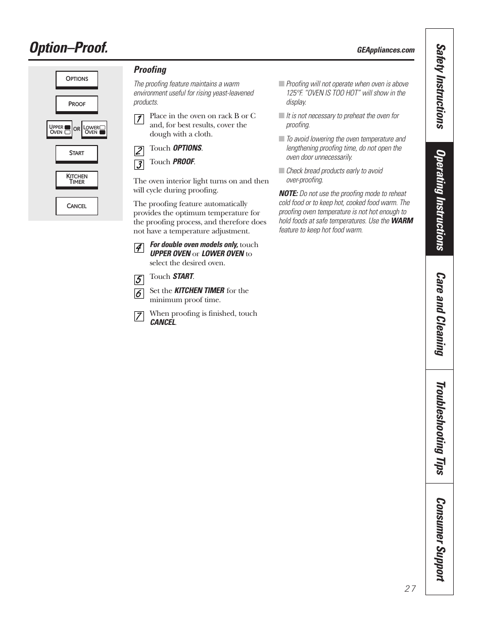 Proofing, Option–proof | GE PT92030 User Manual | Page 27 / 140