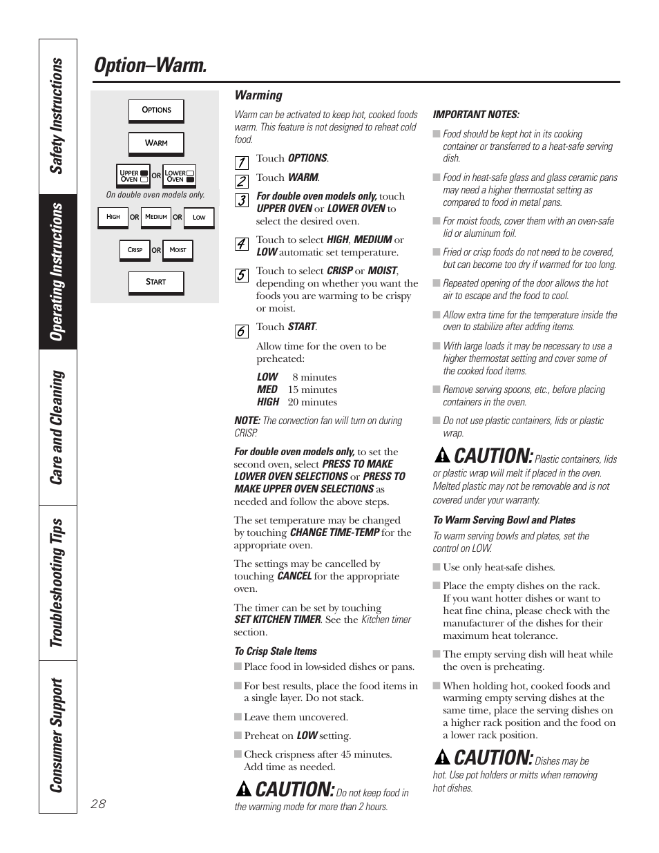 Warming, Warming , 29, Option–warm | Caution | GE PT92030 User Manual | Page 28 / 140