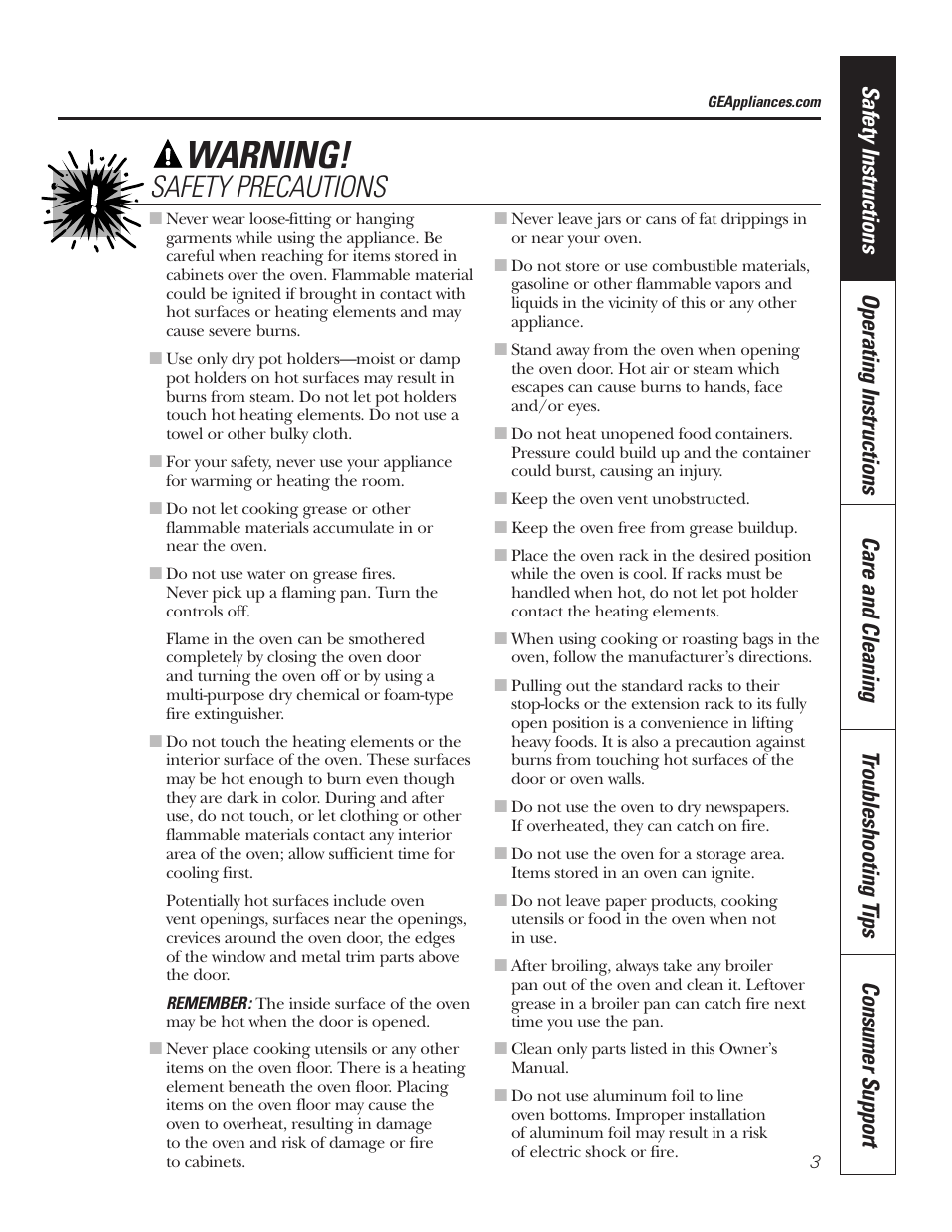 Warning, Safety precautions | GE PT92030 User Manual | Page 3 / 140