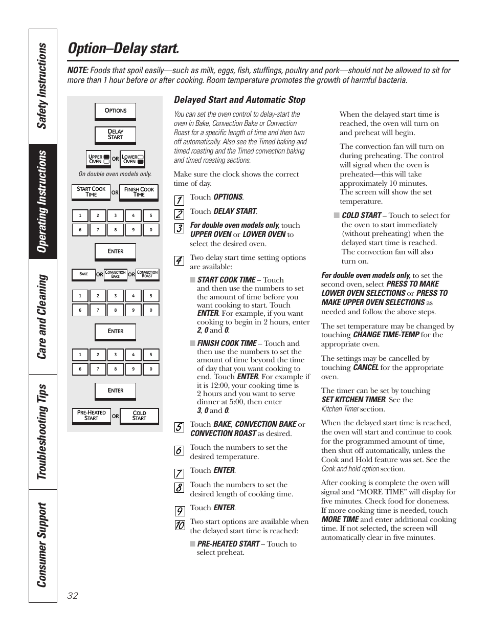 Delay start option, Option–delay start, Delayed start and automatic stop | GE PT92030 User Manual | Page 32 / 140