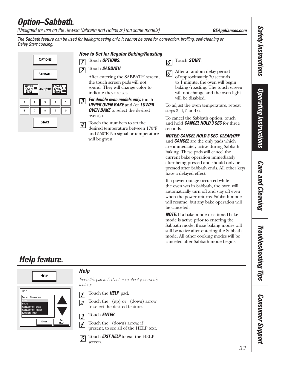Help, Sabbath option, Option–sabbath | Help feature, How to set for regular baking/roasting | GE PT92030 User Manual | Page 33 / 140