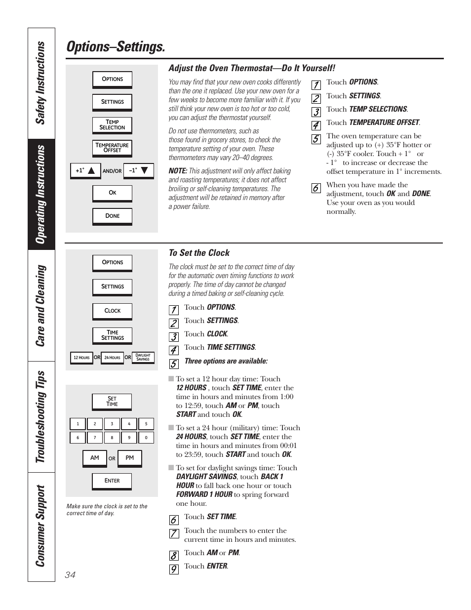Options–settings, Clock, Thermostat | Options–settings –38, Adjust the oven thermostat—do it yourself | GE PT92030 User Manual | Page 34 / 140