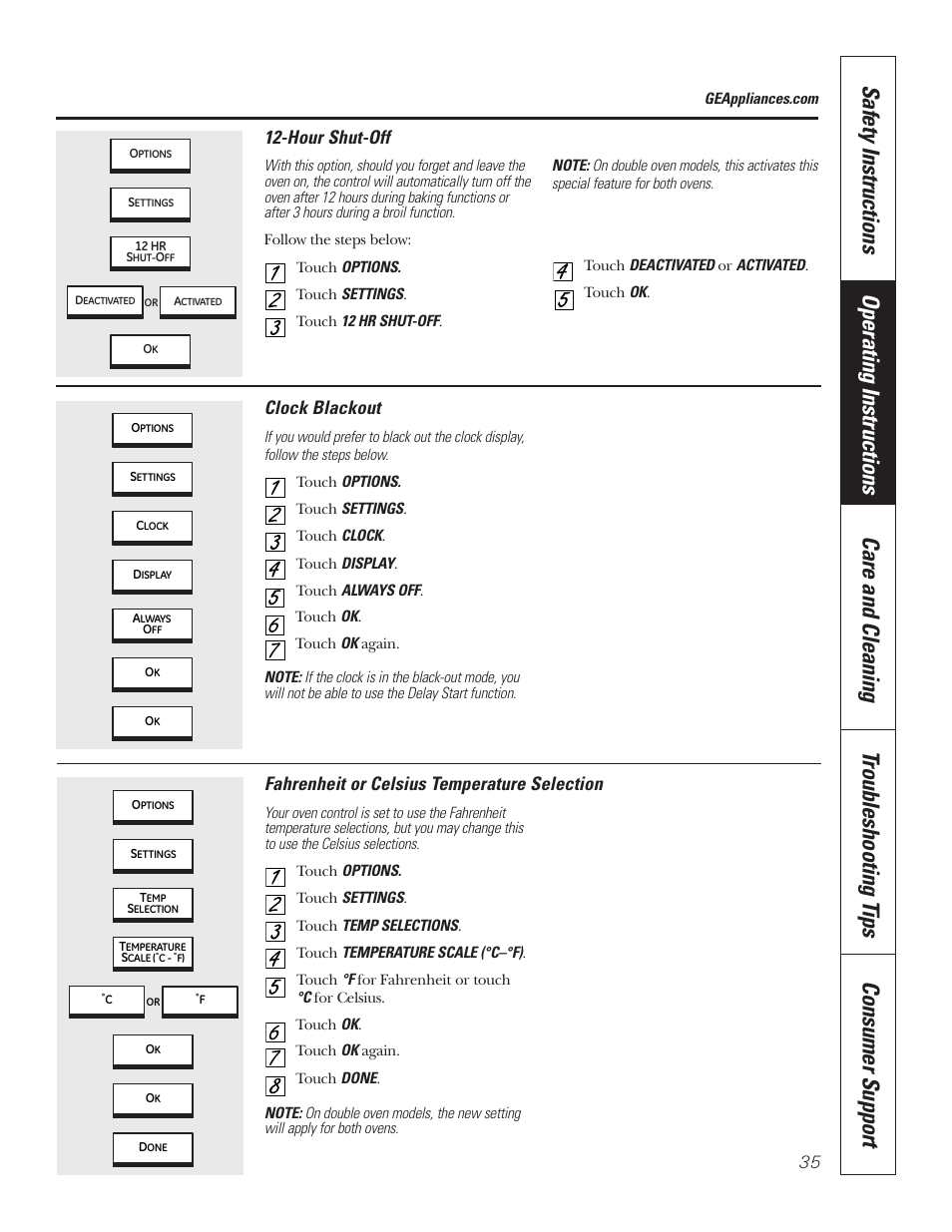 Clock blackout, Fahrenheit or celsius temperature selection, Hour shut-off | GE PT92030 User Manual | Page 35 / 140
