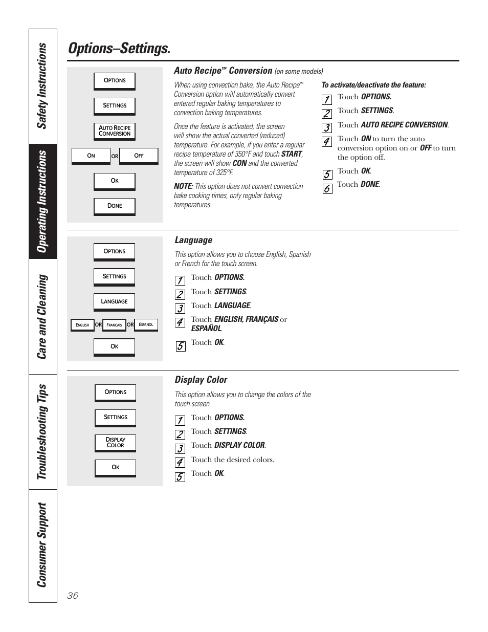 Auto recipe™ conversion, Display color, Language | Auto recipe, Conversion, Options–settings | GE PT92030 User Manual | Page 36 / 140