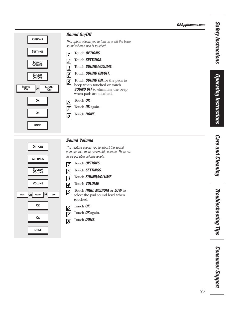 Sound on/off, Sound volume, Sound on/off sound volume | GE PT92030 User Manual | Page 37 / 140