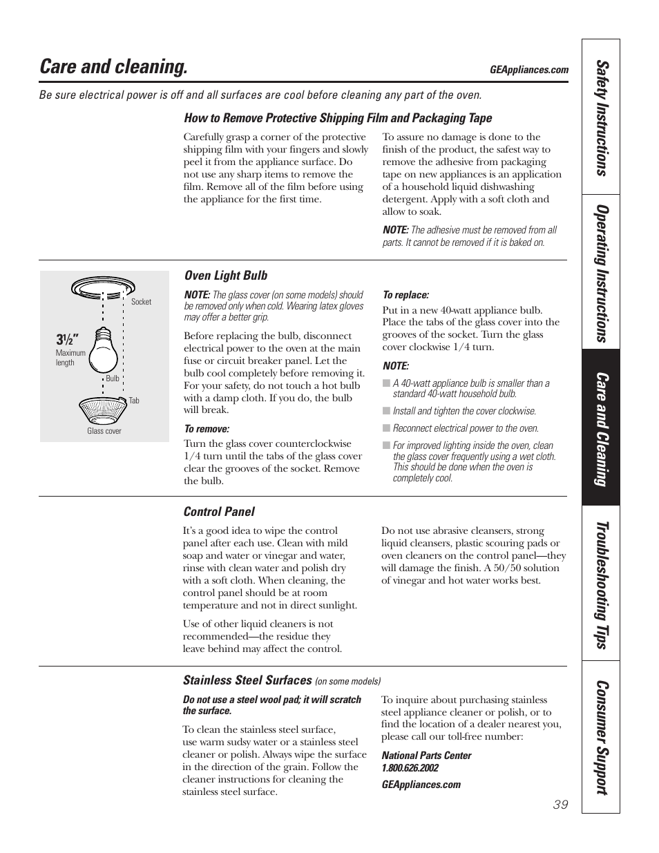 Control panel, Light bulb, Removing packaging tape | Stainless steel surfaces, Control panel light bulb, Removing packaging tape stainless steel surfaces, Care and cleaning | GE PT92030 User Manual | Page 39 / 140
