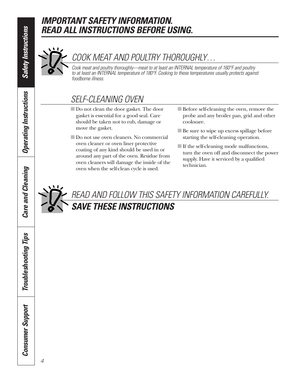 Cook meat and poultry thoroughly | GE PT92030 User Manual | Page 4 / 140
