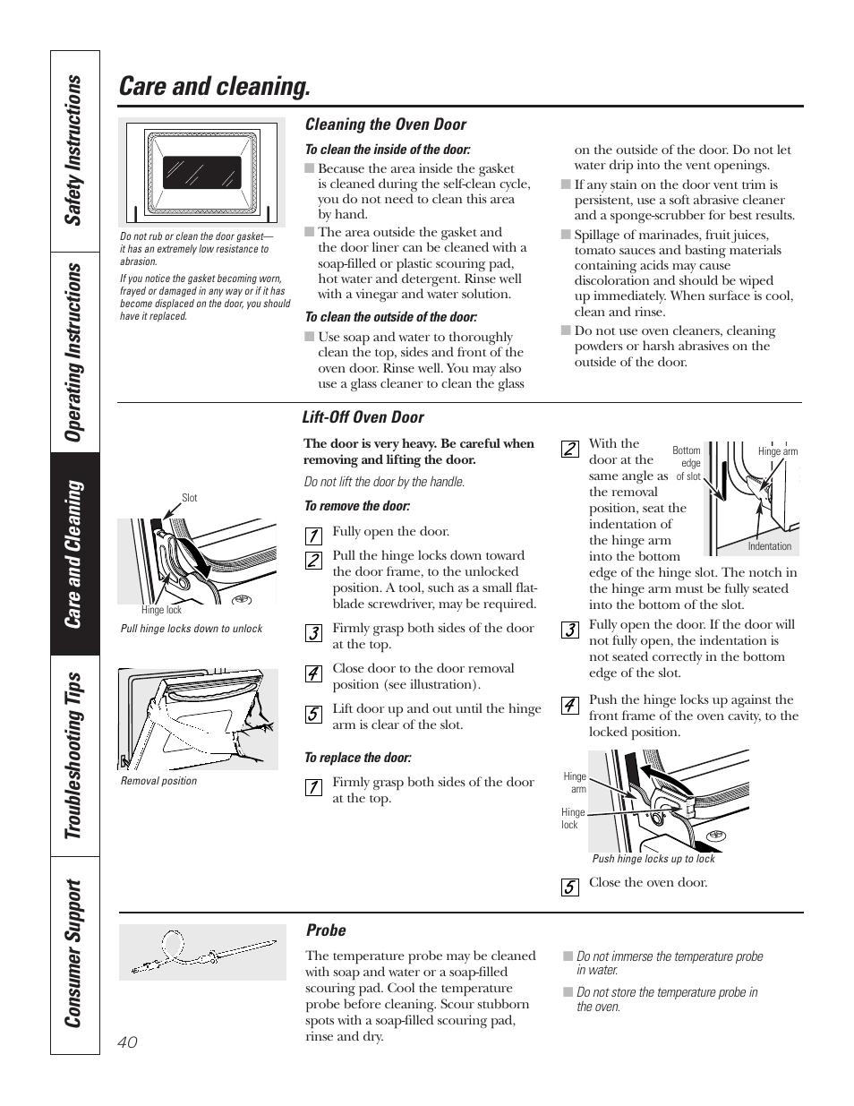 Oven door, Probe, Oven door probe | Care and cleaning | GE PT92030 User Manual | Page 40 / 140