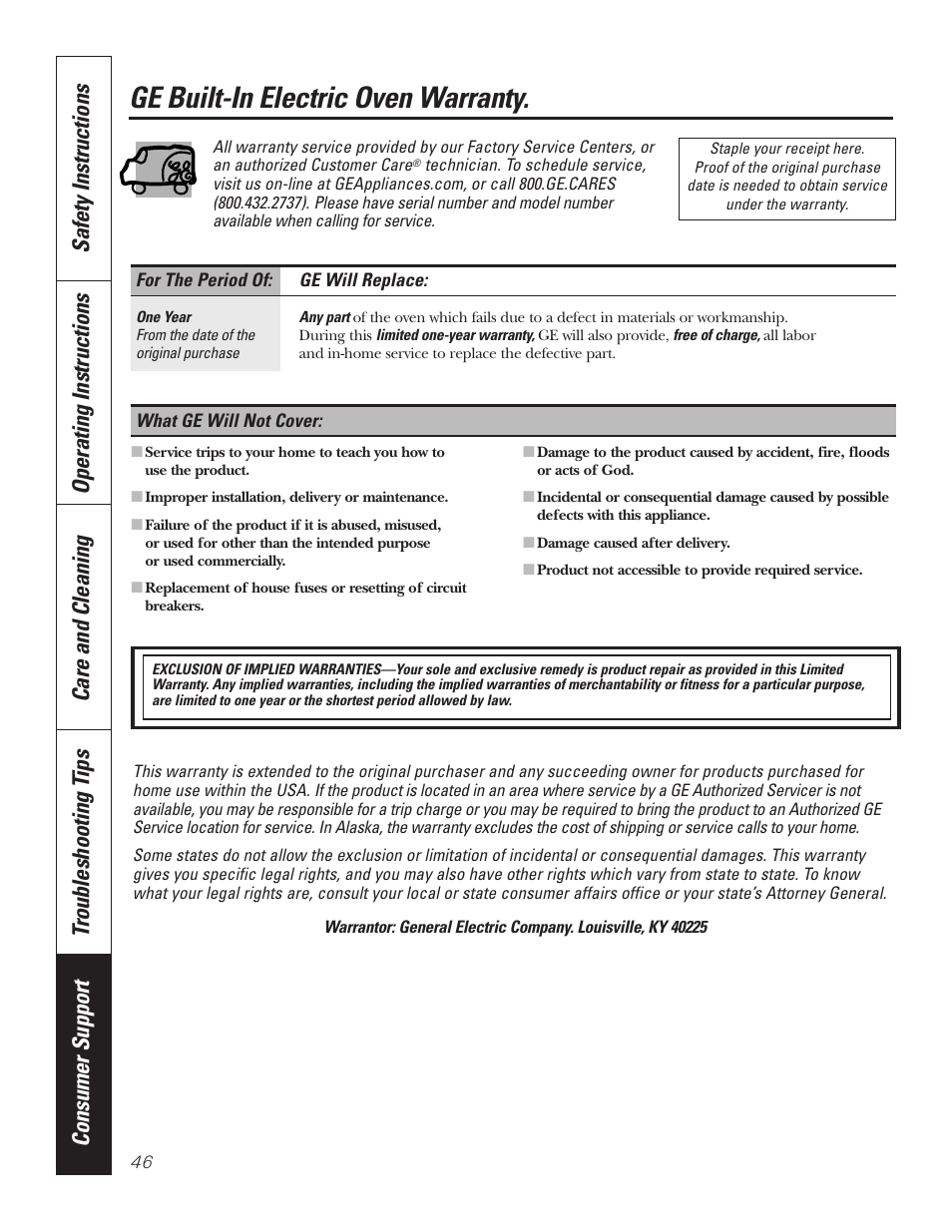 Warranty, Ge built-in electric oven warranty | GE PT92030 User Manual | Page 46 / 140