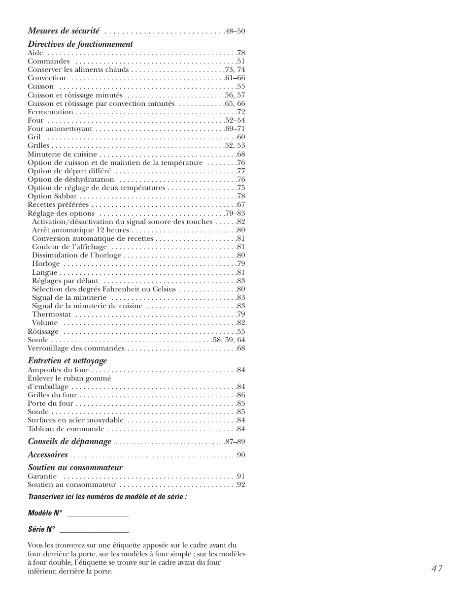 Français, Directives de fonctionnement, Entretien et nettoyage | Soutien au consommateur | GE PT92030 User Manual | Page 47 / 140