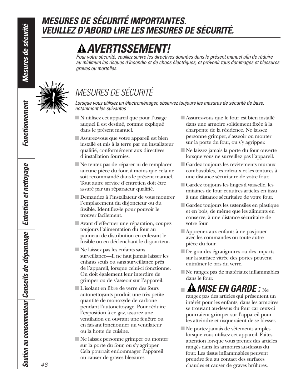Mesures de sécurité, Avertissement, Mise en garde | GE PT92030 User Manual | Page 48 / 140