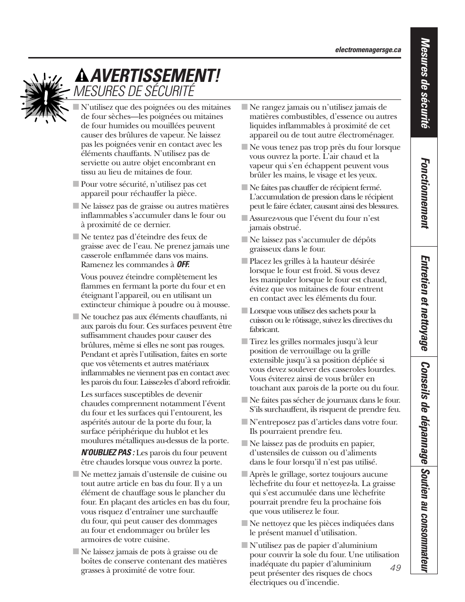 Avertissement, Mesures de sécurité | GE PT92030 User Manual | Page 49 / 140