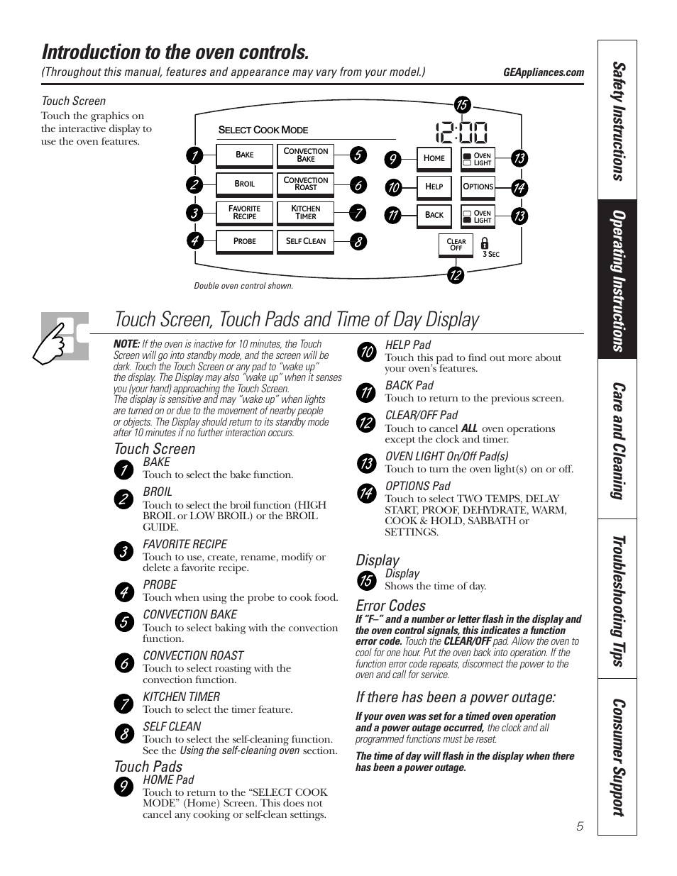 Controls, Introduction to the oven controls, Touch screen, touch pads and time of day display | Touch screen, Touch pads, Display, Error codes, If there has been a power outage | GE PT92030 User Manual | Page 5 / 140