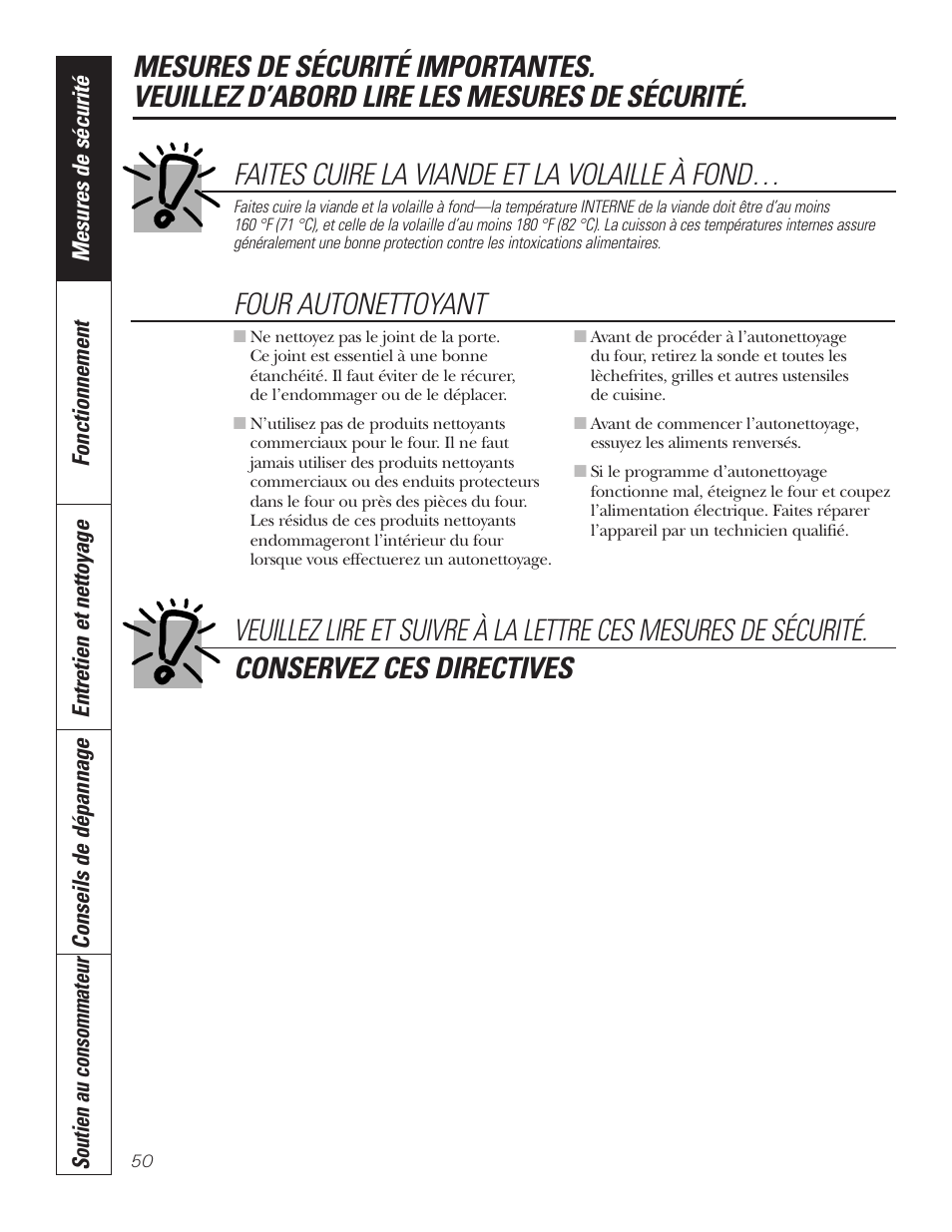 Faites cuire la viande et la volaille à fond | GE PT92030 User Manual | Page 50 / 140