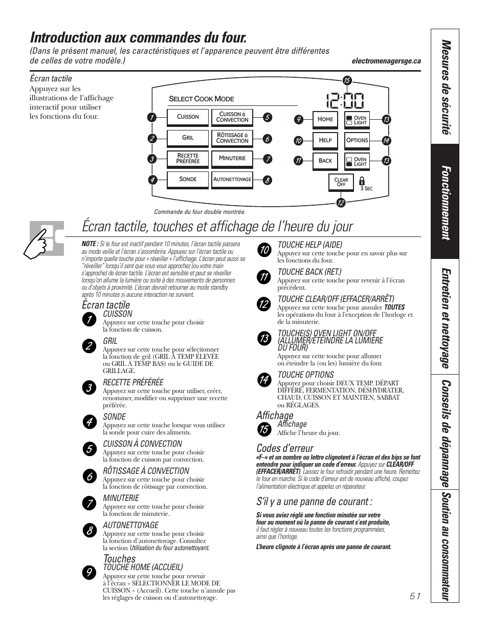 Commandes, Introduction aux commandes du four, Écran tactile | Touches, Affichage, Codes d’erreur, S‘il y a une panne de courant | GE PT92030 User Manual | Page 51 / 140