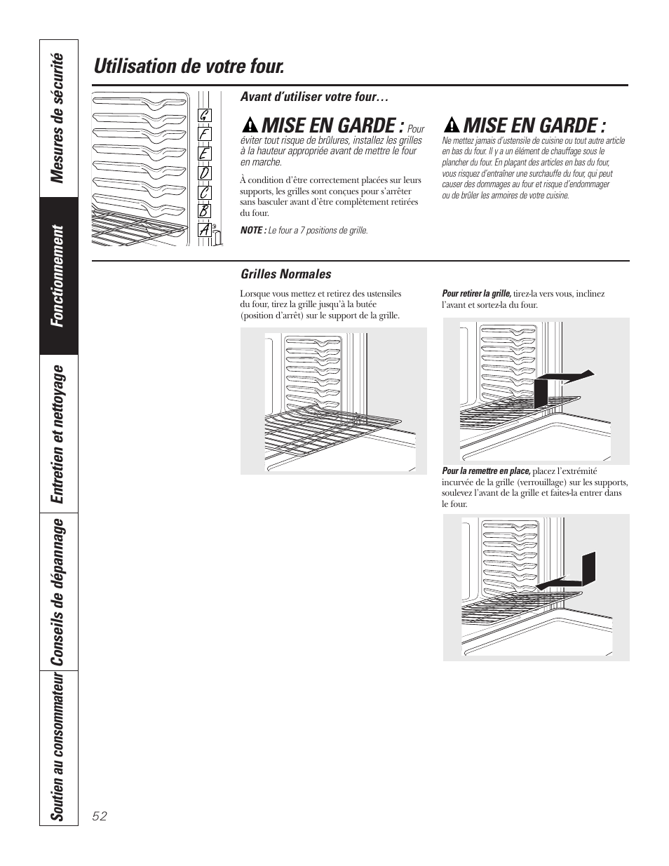 Four, Grilles, Four –54 | Grilles , 53, Utilisation de votre four, Mise en garde | GE PT92030 User Manual | Page 52 / 140