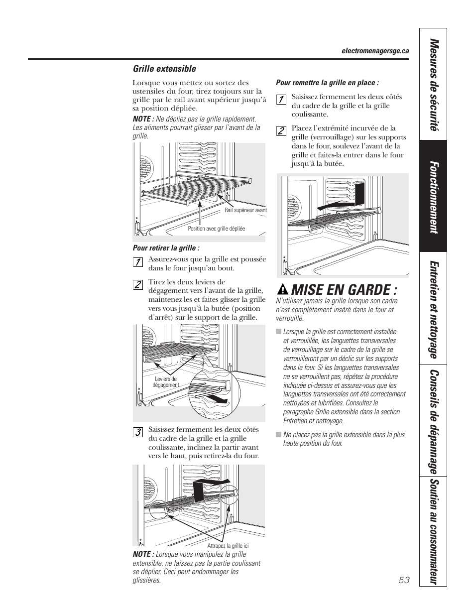 Mise en garde | GE PT92030 User Manual | Page 53 / 140