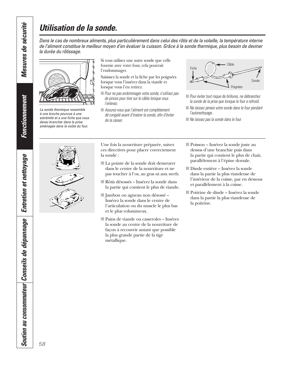Sonde, Sonde , 59, 64, Utilisation de la sonde | GE PT92030 User Manual | Page 58 / 140