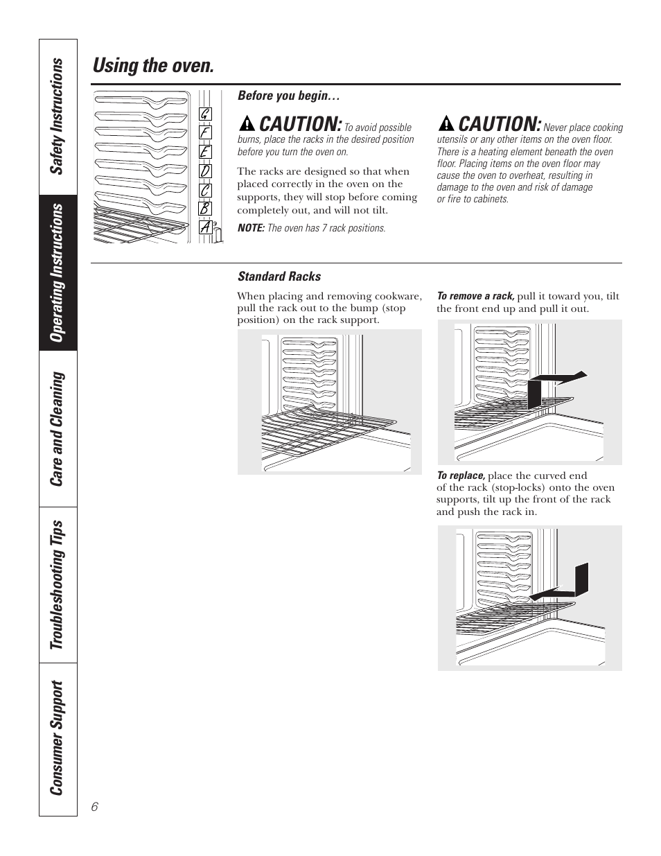 Oven, Racks, Oven –8 | Racks , 7, Using the oven, Caution | GE PT92030 User Manual | Page 6 / 140