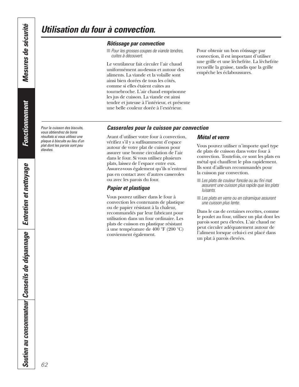 Utilisation du four à convection | GE PT92030 User Manual | Page 62 / 140