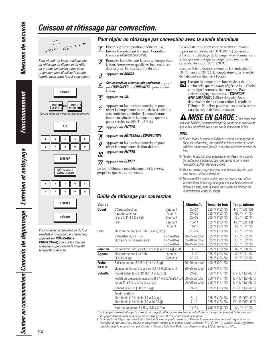 Mise en garde, Cuisson et rôtissage par convection, Guide de rôtissage par convection | GE PT92030 User Manual | Page 64 / 140
