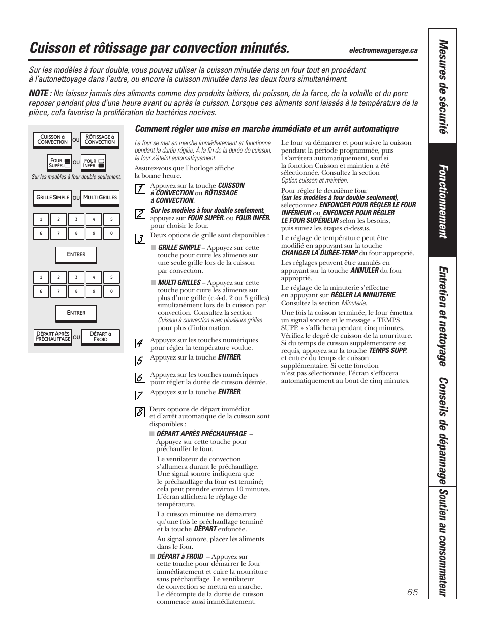 Cuisson et rôtissage par convection minutés, Cuisson et rôtissage par convection minutés , 66 | GE PT92030 User Manual | Page 65 / 140
