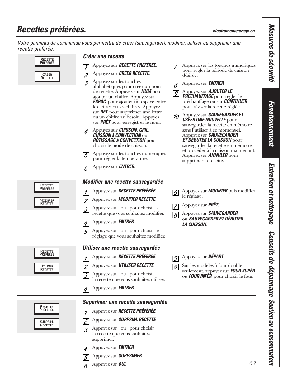 Recettes préférées | GE PT92030 User Manual | Page 67 / 140