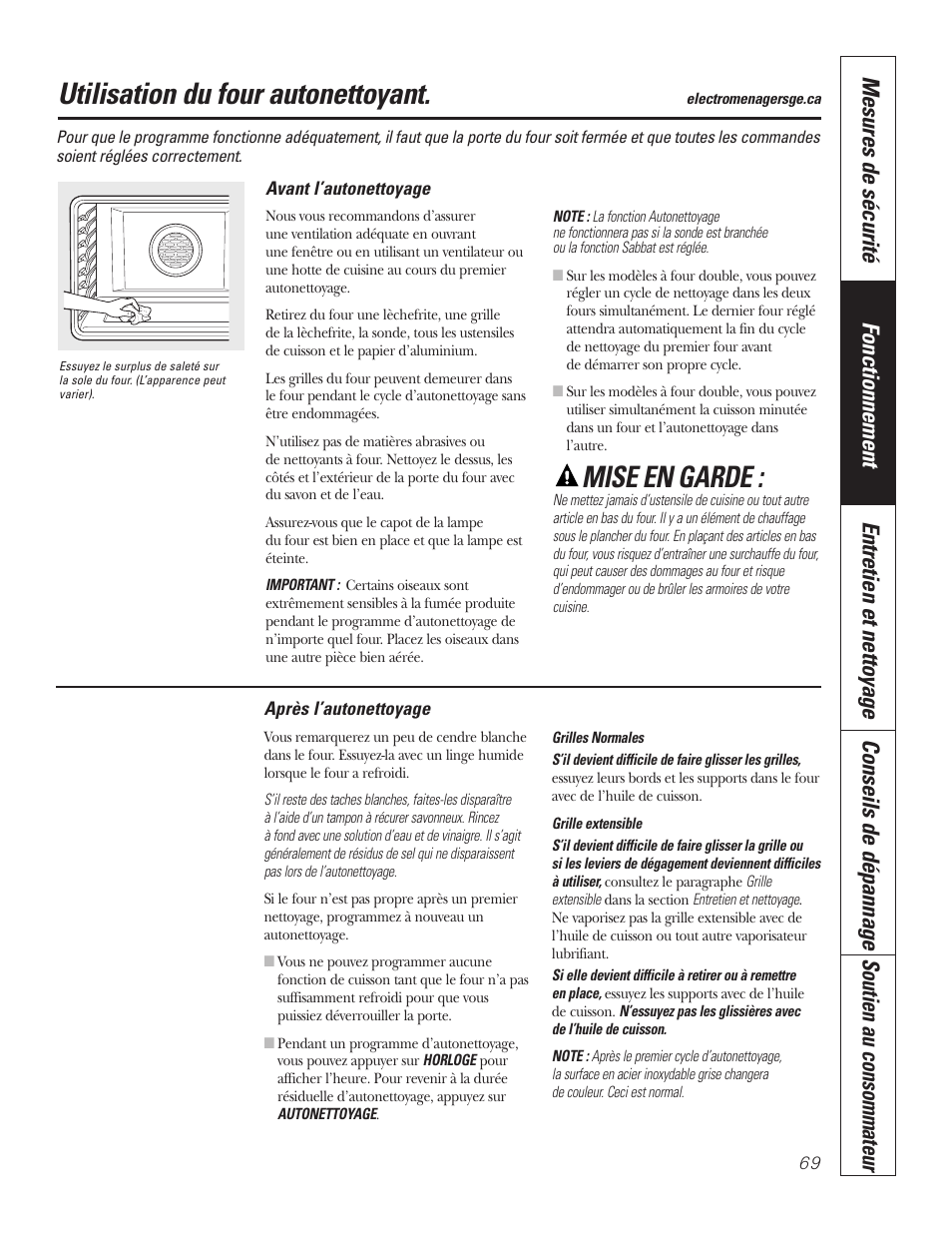 Four autonettoyant, Four autonettoyant –71, Utilisation du four autonettoyant | Mise en garde | GE PT92030 User Manual | Page 69 / 140