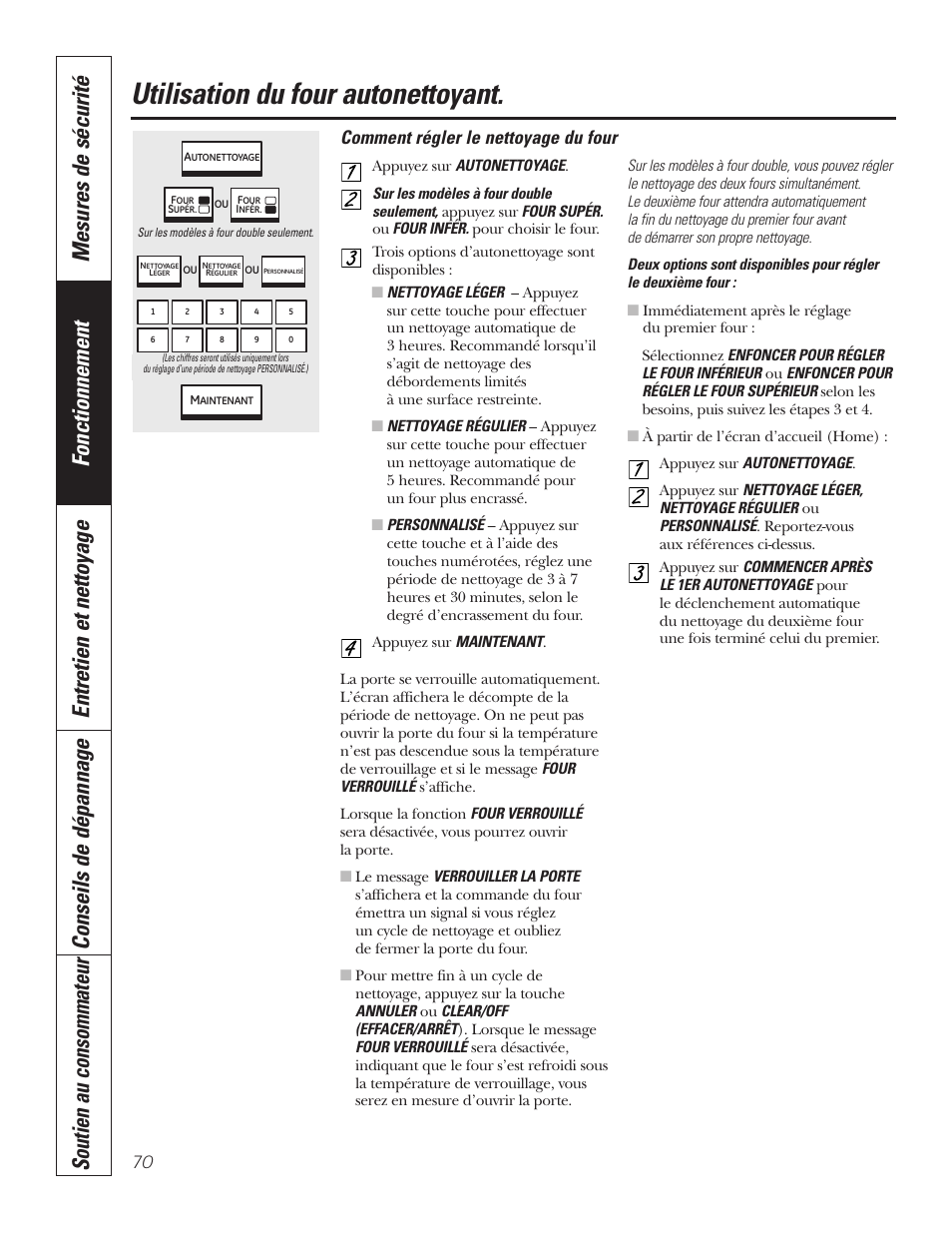 Utilisation du four autonettoyant, Comment régler le nettoyage du four | GE PT92030 User Manual | Page 70 / 140
