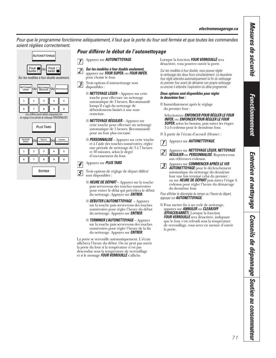 Pour différer le début de l’autonettoyage, Electromenagersge.ca | GE PT92030 User Manual | Page 71 / 140