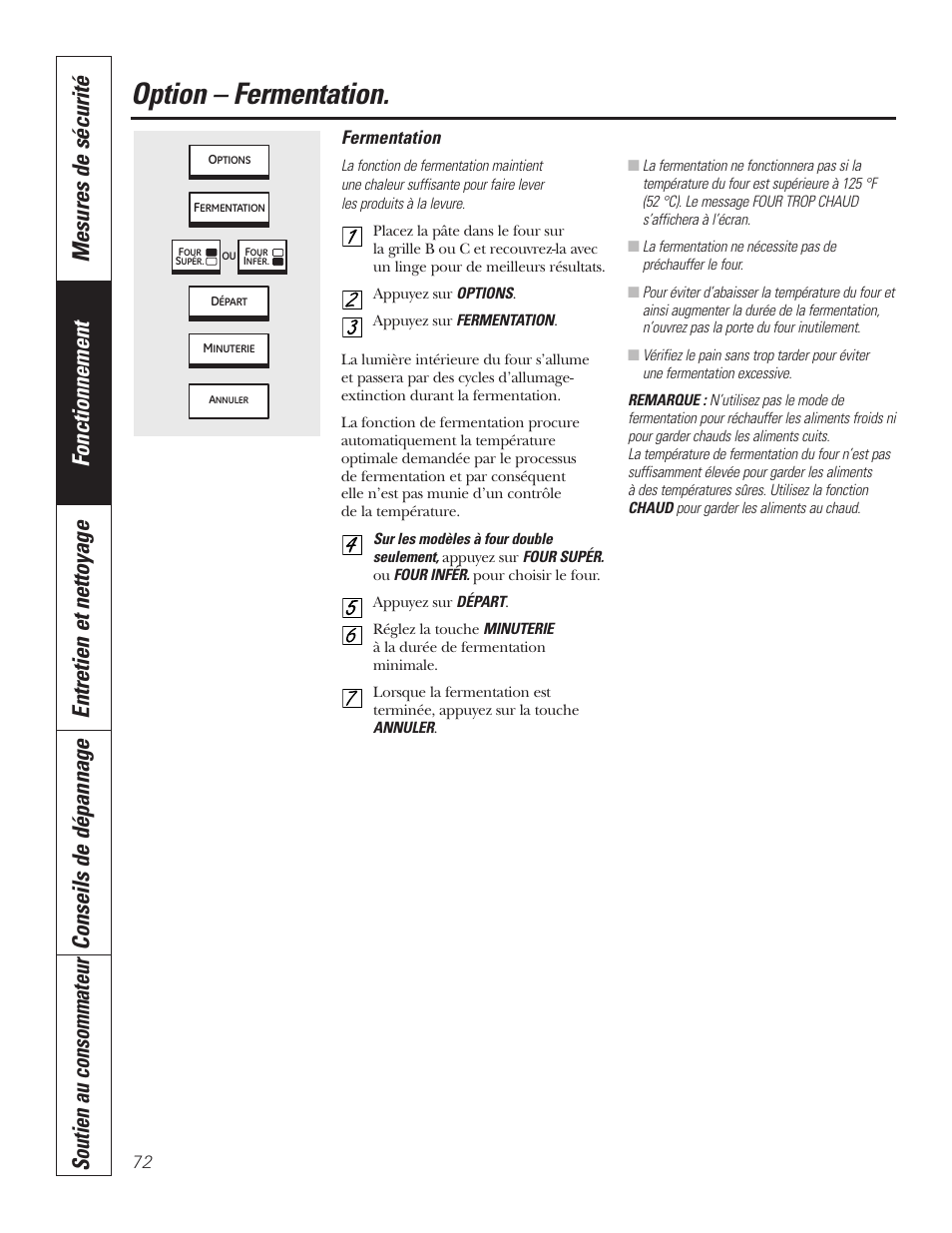Fermentation, Option – fermentation | GE PT92030 User Manual | Page 72 / 140