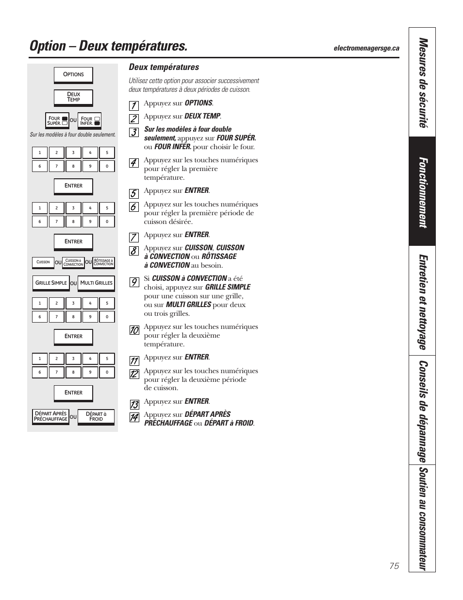 Option de réglage de deux températures, Option – deux températures, Deux températures | Electromenagersge.ca | GE PT92030 User Manual | Page 75 / 140
