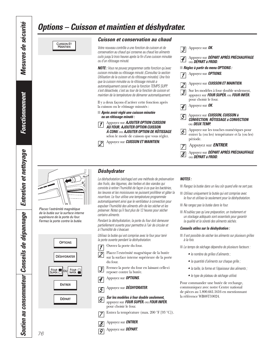 Option de cuisson et de maintien de la température, Option de déshydratation, Options – cuisson et maintien et déshydrater | Cuisson et conservation au chaud, Déshydrater | GE PT92030 User Manual | Page 76 / 140