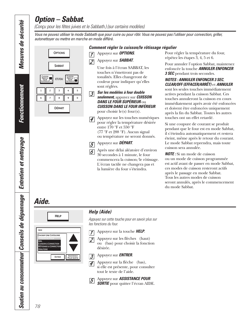 Aide, Option sabbat, Option – sabbat | Help (aide), Comment régler la cuisson/le rôtissage régulier | GE PT92030 User Manual | Page 78 / 140