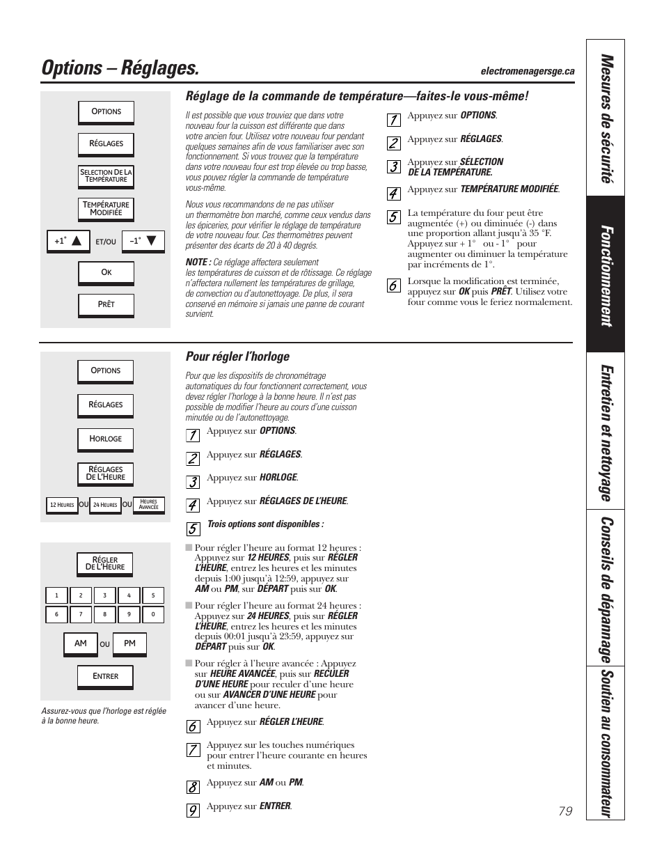 Réglage des options, Horloge, Thermostat | Réglage des options –83, Options – réglages, Pour régler l’horloge | GE PT92030 User Manual | Page 79 / 140