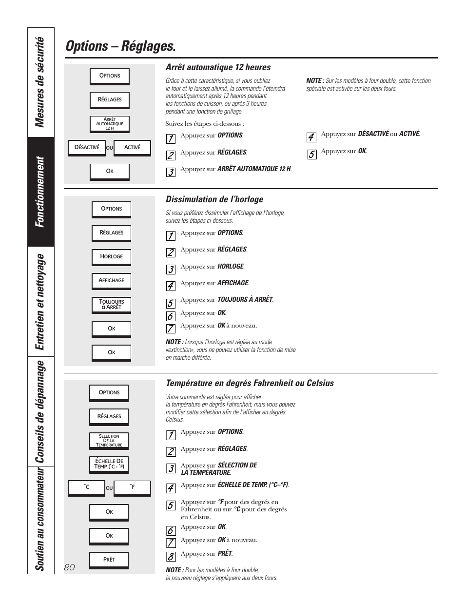 Arrêt automatique 12 heures, Dissimulation de l’horloge, Sélection des degrés fahrenheit ou celsius | Options – réglages, Température en degrés fahrenheit ou celsius | GE PT92030 User Manual | Page 80 / 140