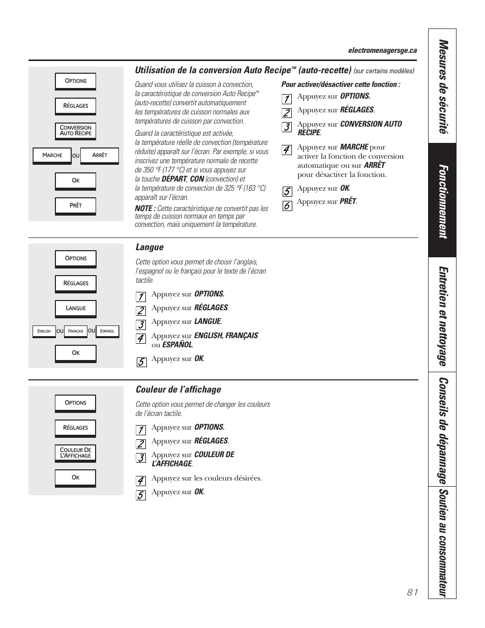 Conversion automatique de recettes, Couleur de l’affichage, Langue | Utilisation de la conversion auto recipe, Auto-recette) | GE PT92030 User Manual | Page 81 / 140