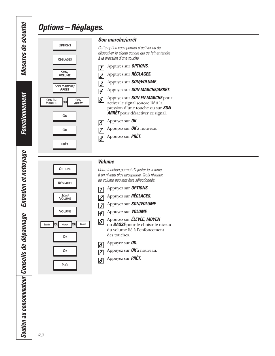 Volume, Options – réglages, Son marche/arrêt | GE PT92030 User Manual | Page 82 / 140