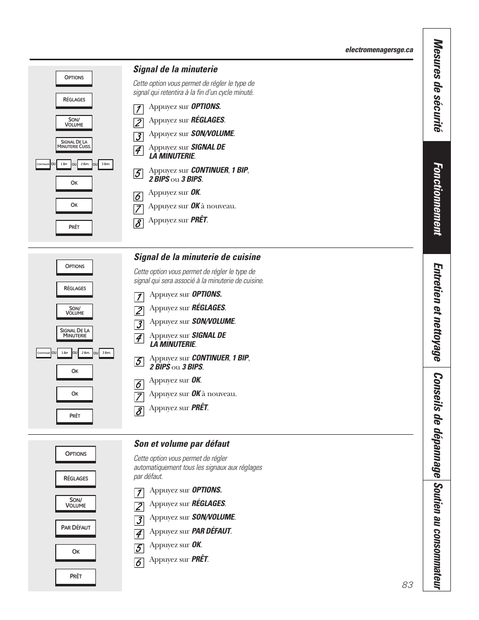 Réglages par défaut, Signal de la minuterie, Signal de la minuterie de cuisine | Son et volume par défaut, Electromenagersge.ca | GE PT92030 User Manual | Page 83 / 140