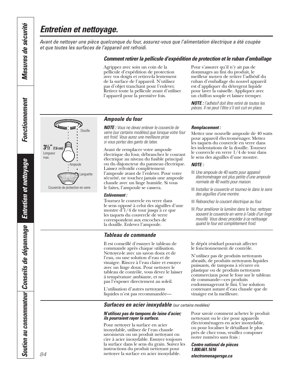 Ampoules du four, Enlever le ruban gommé d’emballage, Surfaces en acier inoxydable | Tableau de commande, Surfaces en acier inoxydable tableau de commande, Entretien et nettoyage | GE PT92030 User Manual | Page 84 / 140