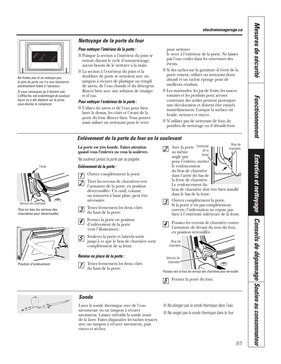 Porte du four, Sonde, Porte du four sonde | GE PT92030 User Manual | Page 85 / 140