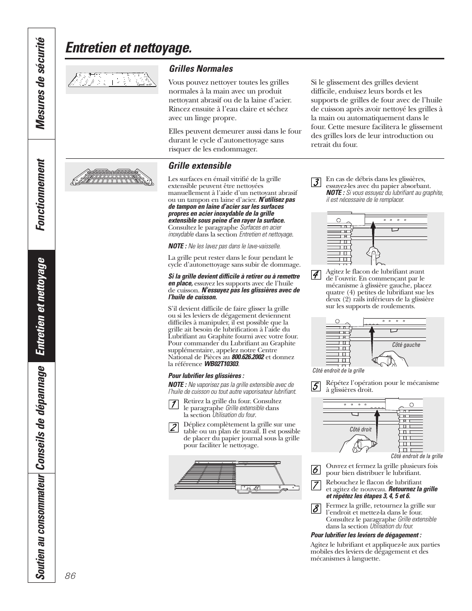 Grilles du four, Entretien et nettoyage | GE PT92030 User Manual | Page 86 / 140
