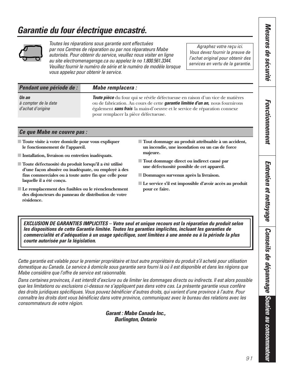 Garantie, Garantie du four électrique encastré | GE PT92030 User Manual | Page 91 / 140