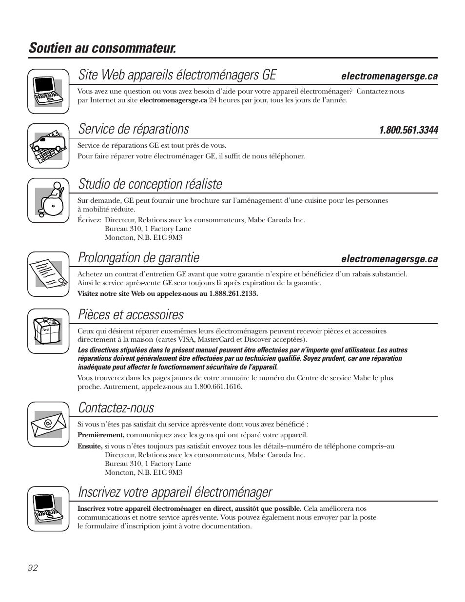 Soutien au consommateur, Service de réparations, Studio de conception réaliste | Prolongation de garantie, Pièces et accessoires, Contactez-nous, Inscrivez votre appareil électroménager | GE PT92030 User Manual | Page 92 / 140