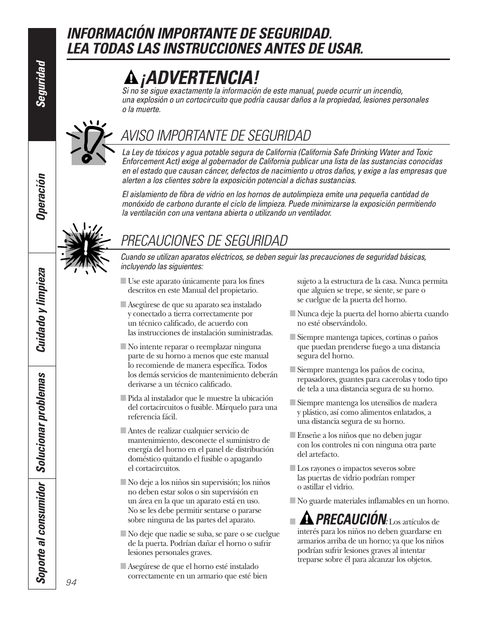 Instrucciones de seguridad, Advertencia, Precaución | Precauciones de seguridad, Aviso importante de seguridad | GE PT92030 User Manual | Page 94 / 140