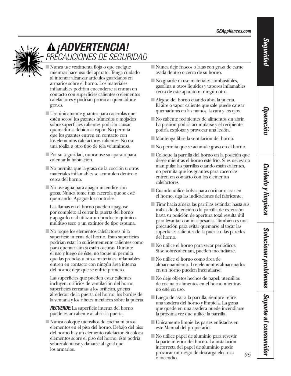 Advertencia, Precauciones de seguridad | GE PT92030 User Manual | Page 95 / 140