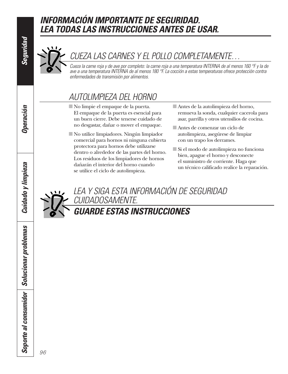 Cueza las carnes y el pollo completamente, Autolimpieza del horno | GE PT92030 User Manual | Page 96 / 140