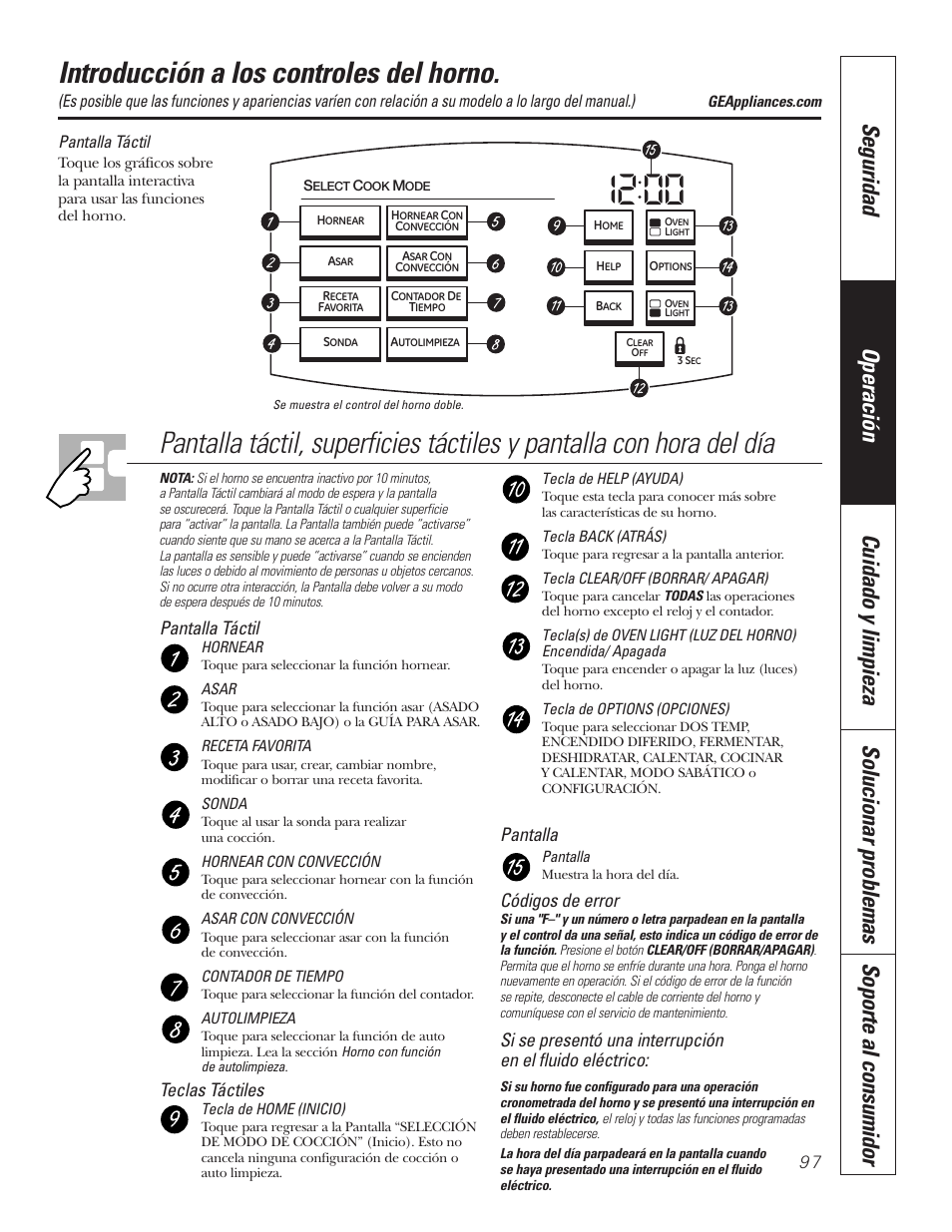 Controles, Introducción a los controles del horno, Pantalla táctil | Teclas táctiles, Pantalla, Códigos de error | GE PT92030 User Manual | Page 97 / 140
